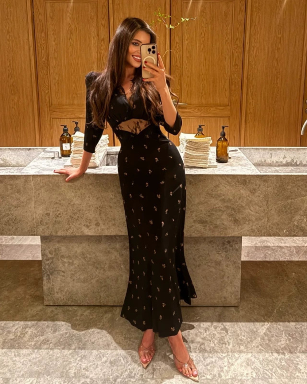 Spring Summer Floral Print Black Lace Patchwork Dress